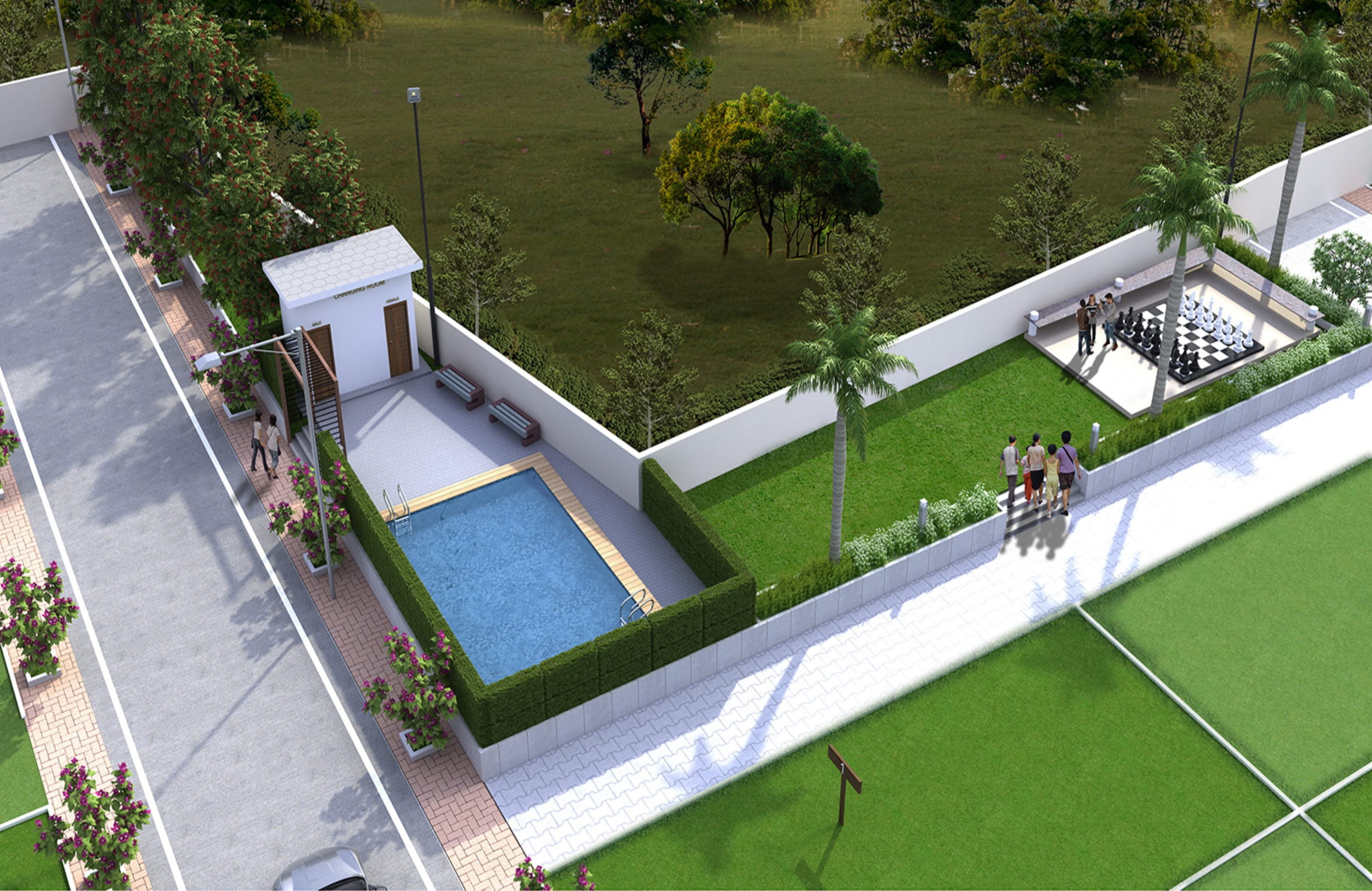 Clubhouse with pool and evening lighting